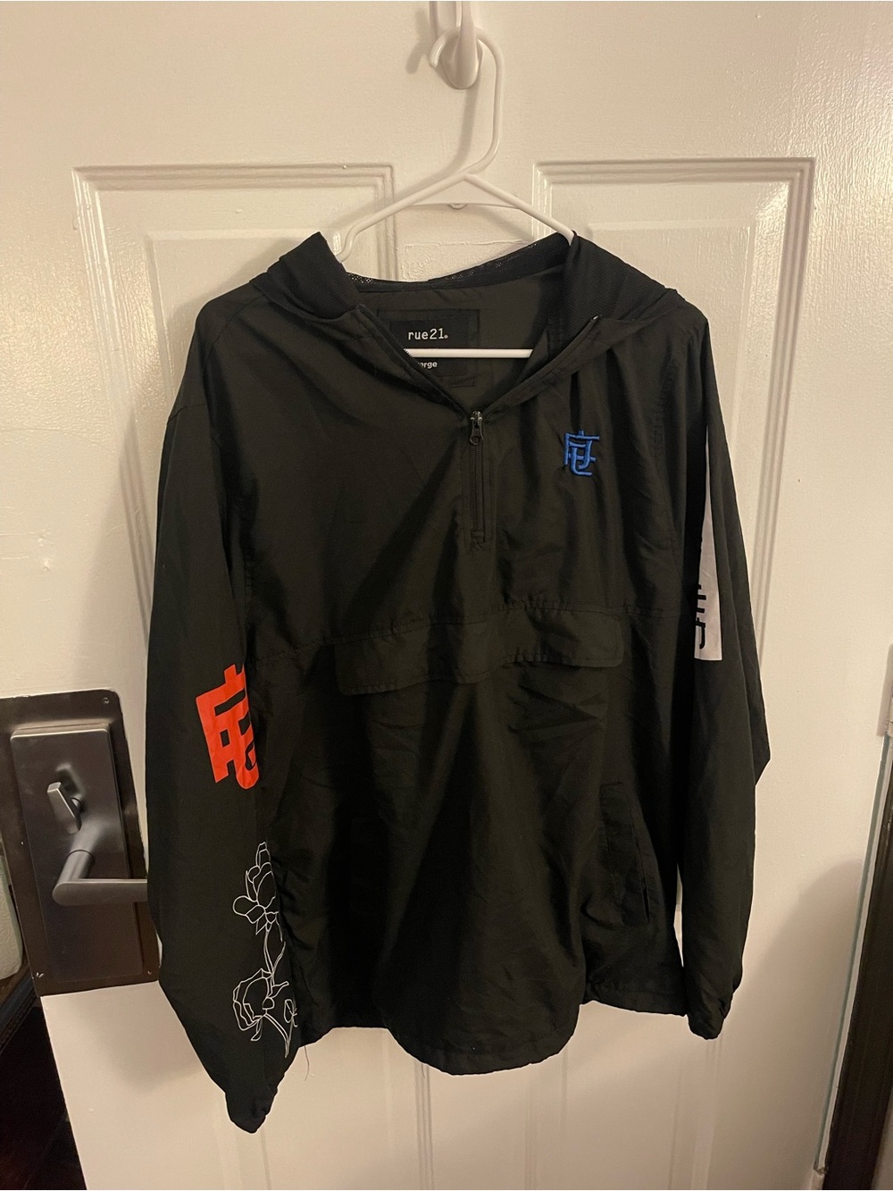 Rue21 Black Hooded Pullover with Red and Blue Asian Accents - Large